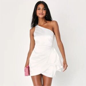 Lulu All About Her White Satin One-Shoulder Bow Mini Dress